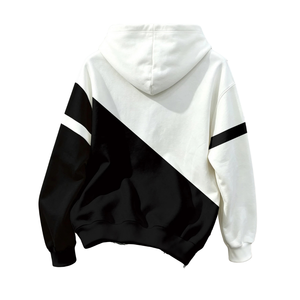 Sweat à capuche unisexe noir et blanc à blocs de couleur, 100 % polyester, avec logo frontal, en molleton bouclette coupe-vent, style streetwear décontracté pour l'hiver - Product Image 2