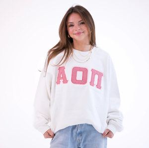 Sweat-shirt blanc surdimensionné en mélange de coton écologique pour femme, broderie Alpha Omicron Pi, épaules tombantes, col rond, manches longues - Product Image 1