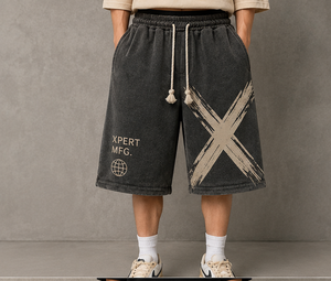 Shorts Bermuda en Coton Gris Foncé pour Homme avec Motif X, Fermeture à Cordon, Taille Mi-Haute, Style Décontracté Urbain, Finition Délavée - Product Image 4