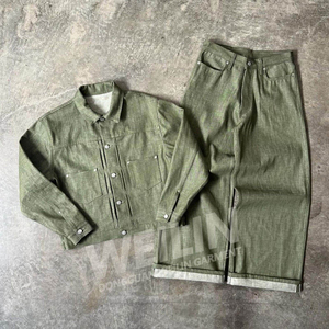 Custom Printed Summer Jean Suit Two Piece Flared Pant and Jacket Set with Leopard Pattern Sporty Style Polyester/Cotton - Product Image 1