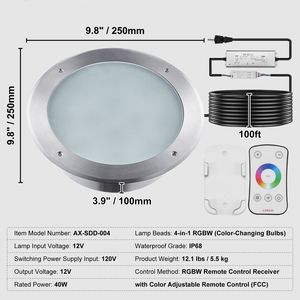 Luce LED RGBW per Piscina 120V AC 40W, 10 Pollici, Cambio Colore RGBW, per Piscina Interrata e Spa, Cavo da 30 Metri con Telecomando - Product Image 5