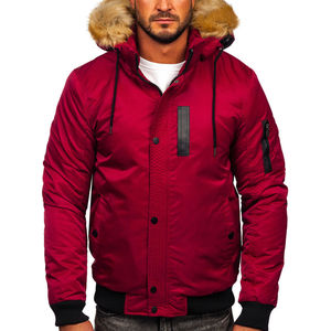 Blouson bomber rouge pour homme avec capuche en fourrure, coupe-vent, hiver, décontracté, rembourrage en polyester épais, coupe régulière, couleur unie - Product Image 1