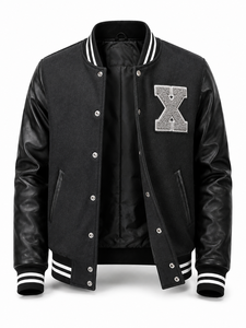 Unisex <b>Black</b> Varsity <b>Jacket</b> PU Leather Sleeves Embroidered X Letter Front Turn-down Collar Patchwork Streetwear Winter Casual - Product Image 3