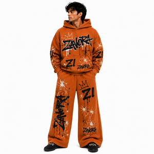 Ensemble de survêtement tendance pour homme, pantalon baggy et sweat à capuche oversize imprimé, 2 pièces, 100% coton molletonné, motif graffiti intégral, fabrication sur mesure - Product Image 1