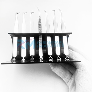 RMI Silver Shin Eyelash Tweezer Diamond And Plan Grip With Black Acrylic 5 Pcs Tweezer Hold Stand Customized Bottom Design - Product Image 3