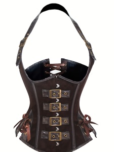 Wholesale Custom Womens Halloween Brown Suede Cow Leather Steampunk <b>Corset</b> Top Halter Strap Buckles Lace Back <b>Underbust</b> Waist - Product Image 1