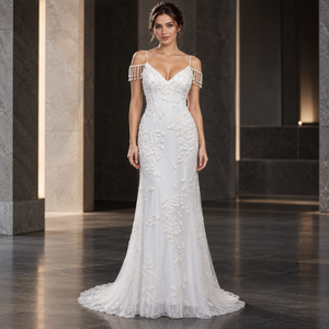 Open Shoulder Fringe Evening <b>Dress</b> Deep V Neck Fitted Floral Applique | White Floor Length Sheer Layer Sweep <b>Train</b> Formal Gown - Product Image 2