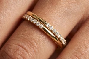 Bague minimaliste à double bande en diamant de laboratoire taille ronde, or massif 14 carats, alliance de mariage, bijoux fins, cadeau de promesse - Product Image 2