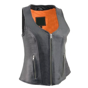 Gilet moto en cuir véritable pour femme, col en V, fermeture éclair, couleur unie, doublure respirante en polyester, style automne - Product Image 4