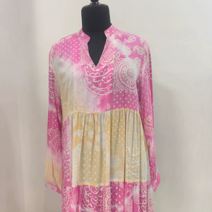 Minivestido Boho de Algodón con Estampado Tie-Dye Rosa, Sin Mangas, Estampado Mandala, Túnica de Verano, Cuello en V, Cuello Mandarín, Moderno - Product Image 1