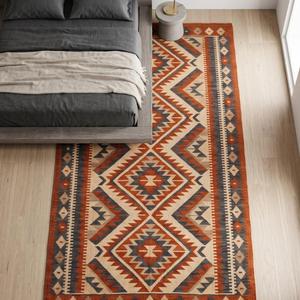 Tapis Kilim en Laine Tissé Main Premium - Tapis de Sol Plat à Motifs Géométriques Tribaux Diamantés Terracotta Style Sud-Ouest - Product Image 2