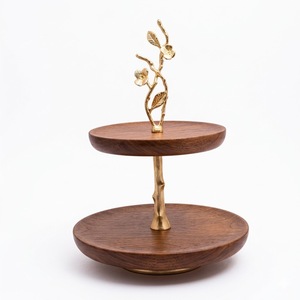 Modern Gold Tone Golden Vine Design 2-Tier Acacia Wood Cake Stand Elegant Handmade Wooden Serving Tray For Wedding Birthday - Product Image 1