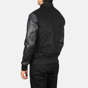 <b>Men's</b> Black PU <b>Leather</b> Varsity <b>Jacket</b> Stand Collar Button Closure Casual Autumn Wear - Product Image 2