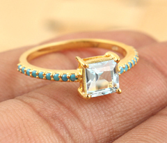Elegant Gold Plated Blue Topaz <b>Ring</b> With <b>Turquoise</b> Accents | Square Cut Minimal Women’s Statement <b>Ring</b> - Product Image 4