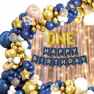 Kit de Décoration Joyeux Anniversaire ONE - Pack Combo 58 Pièces Bleu Or Blanc avec Ballons et Guirlande Lumineuse en Aluminium - Product Image 1