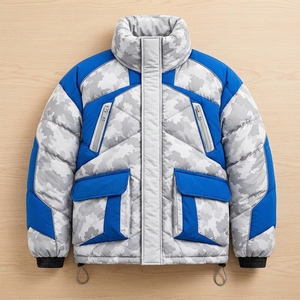 <b>Mens</b> Color Block Puffer <b>Jacket</b> Quilted Winter Coat Blue White Insulated Full Zip Utility Pocket Outdoor Fashion <b>Jacket</b> - Product Image 5