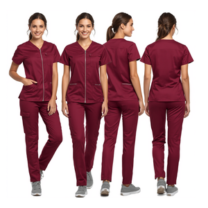 Women's Burgundy Zip Front Medical <b>Scrub</b> Suit Cargo Pocket Healthcare Uniform Set - Product Image 3