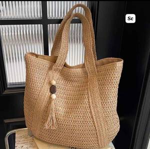 Custom Luxury Handwoven <b>Straw</b> Tote <b>Bag</b> brown Raffia Mesh Beach <b>Bag</b> with Tassel Wooden Beads Large Summer Resort Women Handbag - Product Image 2