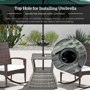 Tavolino Moderno da Esterno in Rattan con 2 Ripiani Portaoggetti e Foro per Ombrellone, Grigio, per Patio e Giardino - Product Image 5
