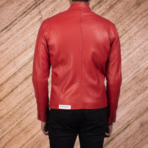 Venta al por mayor de chaquetas de cuero genuino para hombre estilo motorista rojo alto - Product Image 4