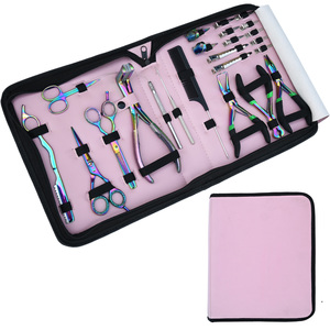 Kit de Herramientas para Extensiones de Cabello, Acero Inoxidable de Grado Quirúrgico, Alicates Arcoíris, Tijeras, Peine, Pinzas, Estuche con Cierre de PU Negro - Product Image 1