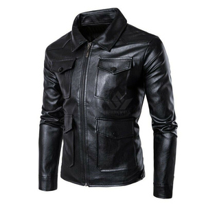 Custom Men's Genuine Leather Moto <b>Jacket</b> Zipper Closure Turn Down Collar Solid Black Regular Fit Autumn Outerwear - Product Image 4