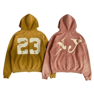 Sudadera con capucha y cremallera de felpa gruesa vintage personalizada, 100% algodón, verde rosa empolvado, oversize, con bordado desgastado, para hombre - Product Image 5