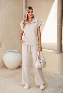 Ensembles de survêtements d'été pour femmes, antibactériens, légers, hauts sans manches à demi-zip, pantalons à jambes larges, motif uni - Product Image 4