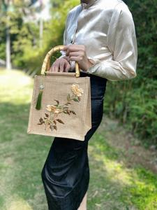 Natural Fiber Jute Hand Bag with Cotton Handles Reusable Eco Friendly Shopping Tote Bag - Product Image 3