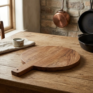 Tabla de cortar circular de teca con mango, pala de pizza de madera, bandeja decorativa artesanal para charcutería, bandeja de cocina. - Product Image 3