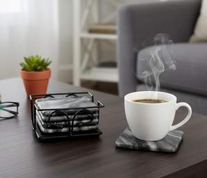 ชุดจานรองแก้วพร้อมที่วางเหล็กดัดทรงสี่เหลี่ยม) สีเทา - Product Image 1