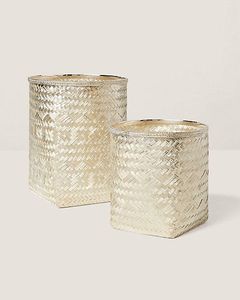 Luxury Gold Metallic Woven Rattan Storage Basket Set Handmade Bamboo Bin Premium Decorative <b>Desk</b> Organizer for Home Office - Product Image 2
