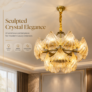 Lustre moderne de luxe en cristal avec design de feuilles transparentes, structure en fer doré, 15 ampoules pour salon, salle à manger, hall d'entrée - Product Image 2