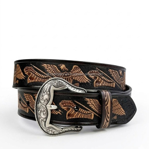 Customized Logo Top Quality Floral Engraved Men's Fashion Western Leather <b>Tooling</b> <b>Belt</b> with Designer Brass Pin Buckle - Product Image 2