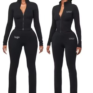 Ensemble de sport et yoga 2 pièces sans couture à manches longues pour femme avec motif écossais et sweat à capuche – Vêtements de fitness en gros - Product Image 1