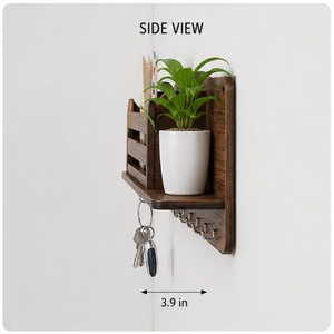 Wood <b>Wall</b> Shelf Single Tier With <b>Hooks</b> And Plant Holder Minimalist Storage Rack For <b>Keys</b> And Decor - Product Image 3