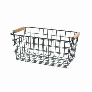 Panier de rangement moderne en fil de fer noir avec poignées en bois naturel, bac d'organisation métallique pour cuisine, garde-manger, armoire à prix réduit - Product Image 1