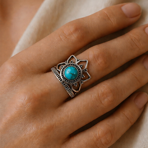 JewelryTownIN Ancient Sky Hydro <b>Turquoise</b> Gemstone Crown <b>Ring</b> Silver Plated Bohemian Bezel Setting Ethnic Jewelry for Women - Product Image 3