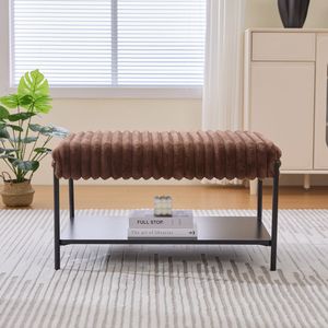 30.7\" Wide Faux Fur Footrest Ottoman Coffee <b>Table</b> <b>with</b> Black Metal Legs Wooden Open Storage Shelf <b>Stools</b> & Ottomans - Product Image 1