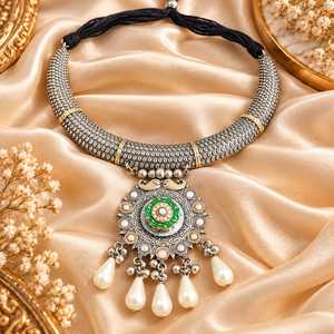 Ethnic Tai Silver Jewelry Set <b>for</b> <b>Women</b> Antique Plated Alloy <b>Choker</b> with Imitation Pearl Drop Bridal Gift - Product Image 1