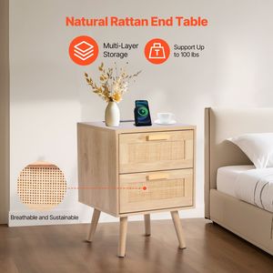 Comodino Boho in Rattan con 2 Cassetti e Gambe in Legno Massello - Assemblato - Product Image 2
