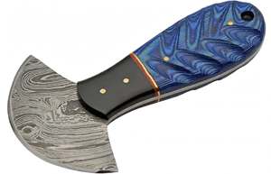 Couteau à bascule Ulu en acier Damas artisanal, manche en bois bleu, hachoir à pizza - Product Image 2