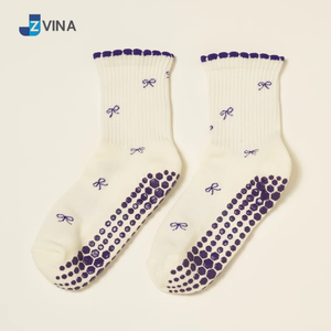 Chaussettes courtes personnalisées avec logo pour femme, en coton, antidérapantes, motif nœud, vert sauge, tricot jacquard, usage quotidien, printemps, Pilates, Yoga - Product Image 4