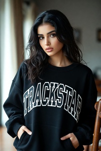 Womens Charcoal Grey Oversized <b>Mock</b> <b>Neck</b> Sweatshirt Trackstar Embroidery Heavyweight Fleece <b>Top</b> - Product Image 6