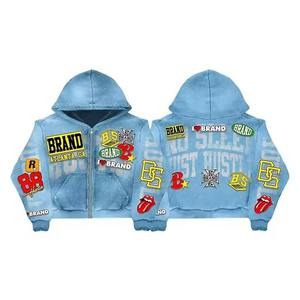 Sweat à capuche vintage en coton délavé style hip-hop avec patch brodé personnalisé, fermeture éclair, en molleton bouclette, pour homme et femme, idéal pour le sport - Product Image 3