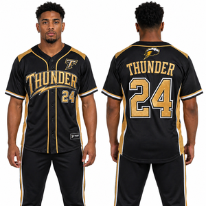 Camiseta de Béisbol Negra Bordada, de Poliéster, con Botones al Frente, Ropa Deportiva, Uniforme de Equipo, Proveedor OEM, Fabricante al por Mayor, Camiseta con Nombre de Equipo - Product Image 1