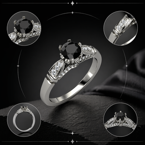 Bague solitaire exclusive en diamant noir |   Diamant noir taille ronde avec pierres d'accentuation blanches |   Cadeau de bijoux élégants et raffinés pour femmes - Product Image 4