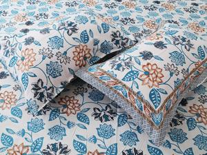 Drap de lit double en coton pur imprimé floral avec housses d'oreiller, bordure turquoise, textile de maison indien - Product Image 3