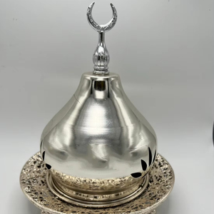 Wholesale Dome <b>Silver</b> Metal Incense <b>Burner</b> Bulk Luxury Polished Bakhoor Censer with Crescent Moon Finial and Filigree Base Decor - Product Image 1