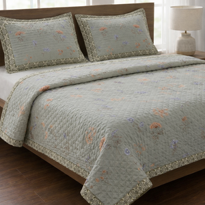 King Size Floral Quilted <b>Bedspread</b> <b>Set</b> | 3pcs Soft Microfiber Comforter AC Summer Quilt Breathable Bedding with Pillow Covers - Product Image 1